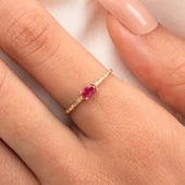 Minimal Altın Yüzük - 14 Ayar Altın Ruby Taşlı Eskitme Minimal Tektaş Evlilik Teklifi Yüzüğü thumbnail 3