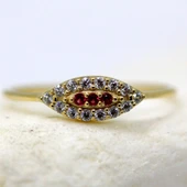 Minimal Altın Yüzük - 14 Ayar Altın Mekik Göz Yakut Taşlı Minimal Kadın Yüzük - Sevgiliye Yüzük - 1