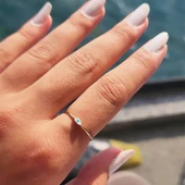 Mineli Altın Yüzük - 14 Ayar Altın Beyaz Mineli Minimal Göz Yüzük - Nazar Boncuğu Altın Yüzük - 3