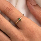 Tektaş Altın Yüzük - 14 Ayar Altın Markiz Zümrüt Taşlı Minimal Tek Taş Yüzük - 3