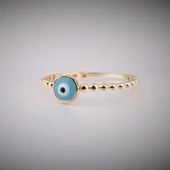 Minimal Altın Yüzük- 14 Ayar Altın Güverseli Nazar Boncuğu Turkuaz Mineli Minimal Kadın Yüzük - 8