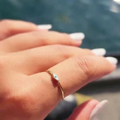 Mineli Altın Yüzük - 14 Ayar Altın Beyaz Mineli Minimal Göz Yüzük - Nazar Boncuğu Altın Yüzük - 2