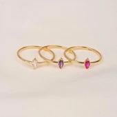 Tektaş Altın Yüzük - 14 Ayar Altın Markiz Zirkon Taşlı Minimal Tek Taş Altın Yüzük - Hediyelik - 7