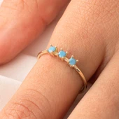 Tria Altın Yüzük - 14 Ayar Altın Turkuaz Tria Taşlı Yüzük - Hediyelik, Doğum Günü Hediyesi Yüzük thumbnail 9
