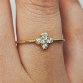 Minimal Altın Yüzük - 14 Ayar Altın Minimal Papatya Swarovski Taşlı Yüzük - Papatya Altın Yüzük - 8