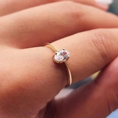 Tektaş Altın Yüzük - 14 Ayar Altın 0.90 Karat Zirkon Taşlı Tek Taş Evlilik Teklifi Yüzüğü - 7