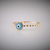 Minimal Altın Yüzük- 14 Ayar Altın Güverseli Nazar Boncuğu Turkuaz Mineli Minimal Kadın Yüzük - 1
