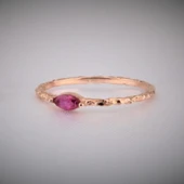 Minimal Altın Yüzük - 14 Ayar Altın Dövme Mekik Yakut Taşlı Minimal Altın Yüzük - Hediyelik Yüzük - 5