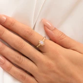 Altın Yüzük - Pembe Kuvars Taşlı Gelin Başı Tektaş 14 Ayar Altın Evlilik Teklifi Yüzüğü thumbnail 5