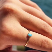 Minimal Altın Yüzük - 14 Ayar Altın 0.30 Karat Oval Turkuaz Taşlı Minimal Tek Taş Yüzük thumbnail 5