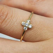 Minimal Altın Yüzük - 14 Ayar Altın Minimal Papatya Swarovski Taşlı Yüzük - Papatya Altın Yüzük - 9