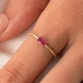 Minimal Altın Yüzük - 14 Ayar Altın Ruby Taşlı Eskitme Minimal Tektaş Evlilik Teklifi Yüzüğü thumbnail 5