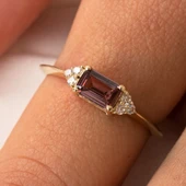 Altın Yüzük - 14 Ayar Altın Zümrüt Kesim Smoky Taşlı Minimal Yüzük - Eşe, Sevgiliye Hediye Yüzük - 3