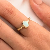 Tektaş Altın Yüzük - 14 Ayar Altın Oval Opal Taşlı Tek Taş Yüzük - Anneler Gününe Hediye Yüzük - 2