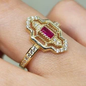 Baget Altın Yüzük - 14 Ayar Altın Baget Ruby Taşlı Kadın Yüzük - Anneler Gününe Özel Altın Yüzük - 3