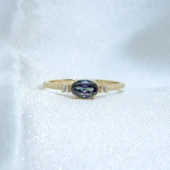 Tria Altın Yüzük - 14 Ayar Altın Oval Mistik Topaz Taşlı Kadın Tektaş Yüzük - Tektaş, Minimal Yüzük - 7