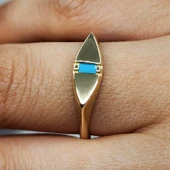 Baget Altın Yüzük - 14 Ayar Altın Mekik Tasarım Turkuaz Baget Taşlı Tektaş Yüzük - 5