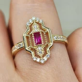 Baget Altın Yüzük - 14 Ayar Altın Baget Ruby Taşlı Kadın Yüzük - Anneler Gününe Özel Altın Yüzük - 4