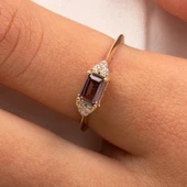 Altın Yüzük - 14 Ayar Altın Zümrüt Kesim Smoky Taşlı Minimal Yüzük - Eşe, Sevgiliye Hediye Yüzük - 4