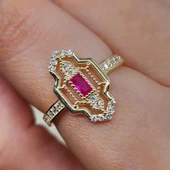 Baget Altın Yüzük - 14 Ayar Altın Baget Ruby Taşlı Kadın Yüzük - Anneler Gününe Özel Altın Yüzük - 2