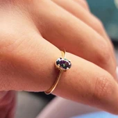 Tektaş Altın Yüzük - 14 Ayar Altın 0.90 Karat Oval Mistik Topaz Taşlı Yüzük - Tek Taş Altın Yüzük - 6