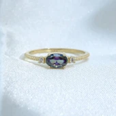Tria Altın Yüzük - 14 Ayar Altın Oval Mistik Topaz Taşlı Kadın Tektaş Yüzük - Tektaş, Minimal Yüzük - 6