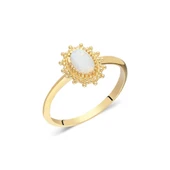 Tektaş Altın Yüzük - 14 Ayar Altın Oval Çiçek Desenli Opal Taşlı Minimal Tek Taş Yüzük - Eşe Yüzük - 3