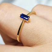 Tektaş Altın Yüzük - 14 Ayar Altın Baget Safir Taşlı Tek Taş Evlilik Teklifi Yüzüğü - Baget Yüzük thumbnail 7