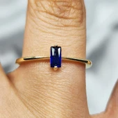 Tektaş Altın Yüzük - 14 Ayar Altın Baget Safir Taşlı Tek Taş Evlilik Teklifi Yüzüğü - Baget Yüzük thumbnail 3