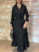 Lucky Life Kadın Uzun Kollu Eteği Fırfırlı Beli Kuşaklı Trikoton Tam Boy Gömlek Elbise thumbnail 11