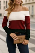 Lucky Life Kadın  Uzun Kollu Omuzlardan Açık Uzun Kollu Blok çizgili Triko Bluz thumbnail 2