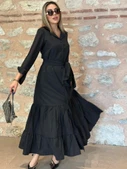 Lucky Life Kadın Uzun Kollu Eteği Fırfırlı Beli Kuşaklı Trikoton Tam Boy Gömlek Elbise thumbnail 10