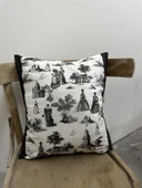 Toile De Jouy Paris Kırlent Kılıfı 43x43 cm | %100 Pamuk Dijital Baskılı | Klasik Fransız Tarzı Dekoratif Yastık Kılıfı - ZT740  siyah - 2