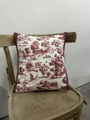 Toile De Jouy Monet Kırlent Kılıfı 43x43 cm | %100 Pamuk Dijital Baskılı | Country Tarzı Fransız Dekoratif Yastık Kılıfı - ZT750  Kırmızı - 1