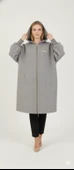 Kadın Gri Kapüşonlu Balon Kol Fermuarlı Kaban Oversize Midi Boy Kışlık Kaşe Mont - 5