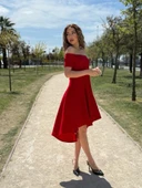 Kadın Kısa Kollu Madonna Yaka önü Kısa Arkası Uzun Ithal Krep Elbise thumbnail 1