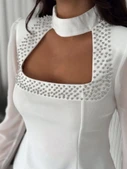 Kolları Şifon Göğüste İnci Boncuk Detaylı Bluz - Beyaz thumbnail 2