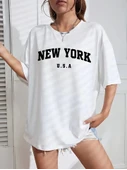 New York Baskılı Oversize Bisiklet Yaka T-shirt - Beyaz thumbnail 1