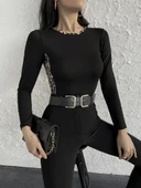 Kadın Uzun Kollu Leopar şeritli Viskon Bluz thumbnail 7