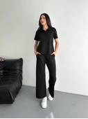 Osy Modal Yumuşak Dokulu Kumaş Kısa Kollu Yakalı T-shirt Pantalon Ikili Takım- Siyah thumbnail 3