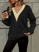 Kadın Uzun Kollu V Dantel Yaka şardonsuz üç Iplik Bluz thumbnail 2