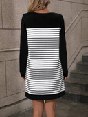 Kadın Bisiklet Yaka Uzun Kol çizgili Iki Iplik Kumaş Mini Boy Elbise thumbnail 5