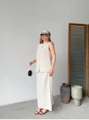 Keten Kolsuz Hırka Etek Ikili Takım- Beyaz - 1