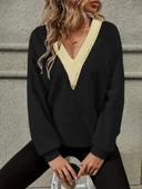 Kadın Uzun Kollu V Dantel Yaka şardonsuz üç Iplik Bluz thumbnail 1