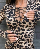 Kadın örme Viskon Kumaş Leopar Desenli çapraz Göğüs Detay Mini Boy Elbise thumbnail 4