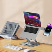 Laptop Stand Karbon Çelik 360° Döner Ergonomik Yükseklik Ayarlı Soğutucu MagSafe Telefon Tutuculu Gizlenebilir thumbnail 4