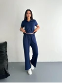 Osy Modal Yumuşak Dokulu Kumaş Kısa Kollu Yakalı T-shirt Pantalon Ikili Takım- Lacivert thumbnail 4