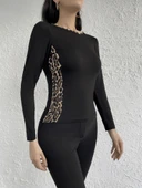 Kadın Uzun Kollu Leopar şeritli Viskon Bluz thumbnail 6