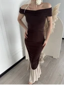 Striptiz Omuzlu Uzun Elbise- Kahve thumbnail 4