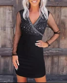 Kadın Uzun Kollu Kruvaze Yaka üst Kısım Taşlı Detay Krep Mini Boy Elbise thumbnail 1